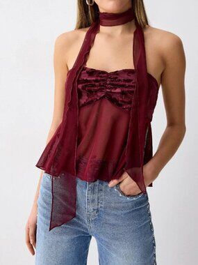 Pretty Garbage 2-Piece Set: Flocked flowers mesh scarf and tube top set